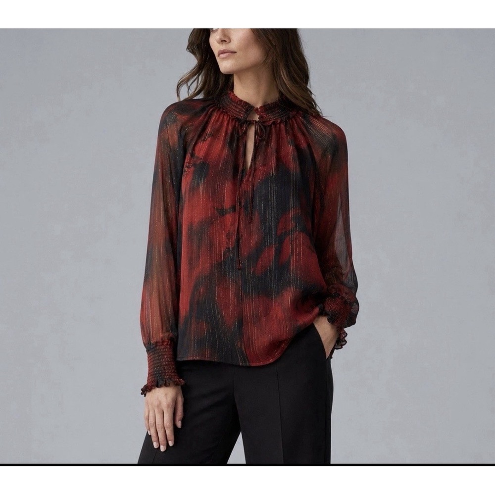 Simply Vera Vera Wang Blouse Sheer W/ Tank Long Sleeve Black Red Metallic SZ XS